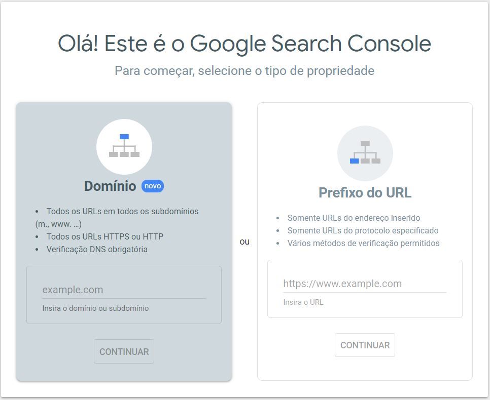tela inicial do search console